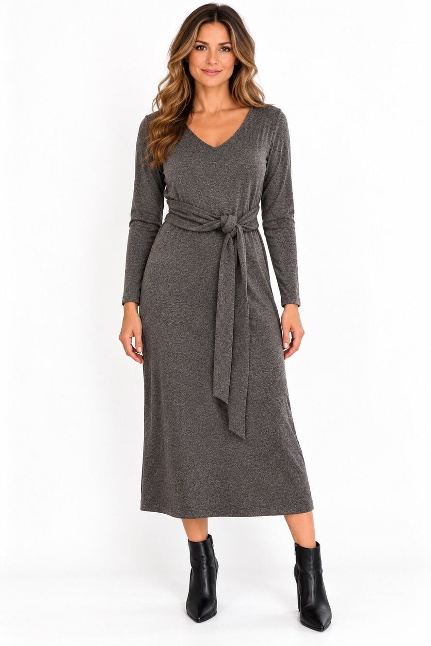 WHITE HOUSE BLACK MARKET Grey Sweater LongSleeve Faux Wrap Tie Knot Dress Large